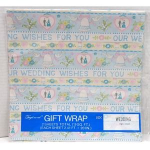 Vtg Wedding Gift Wrapping Paper 2 Sheets 7.9 Sq. Ft. Hearts Bells Doves